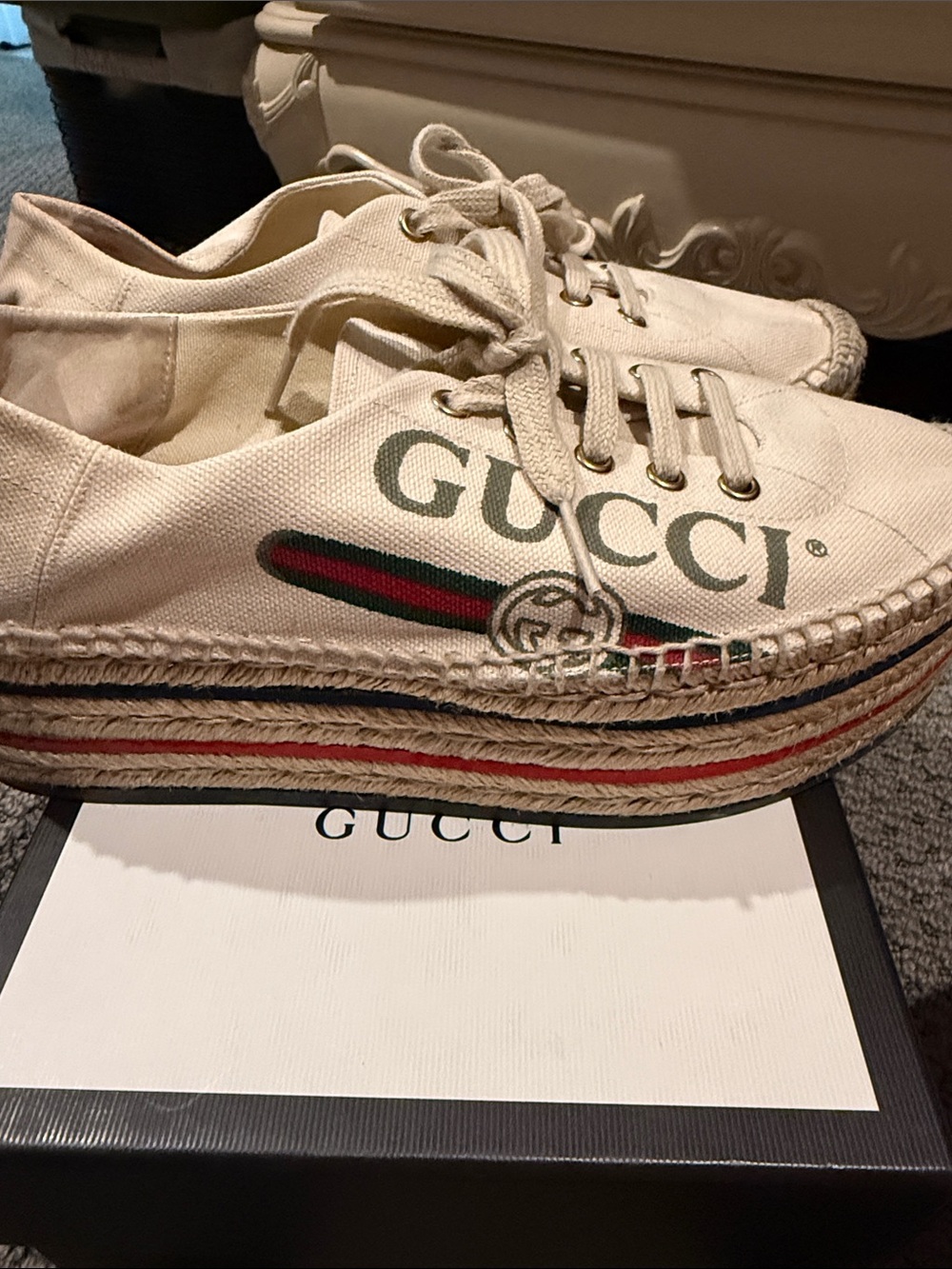 Gucci Cream Canvas Platform Espadrilles with Red & Green Stripe - Picture 2 of 7